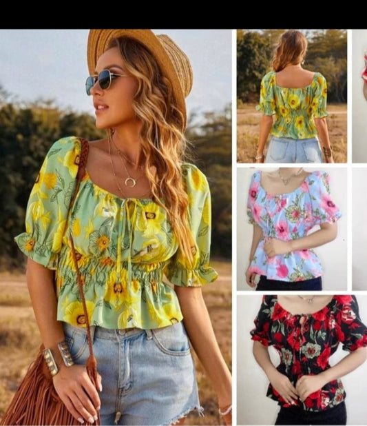 Floral Puff-Sleeve Smocked Crop Tops