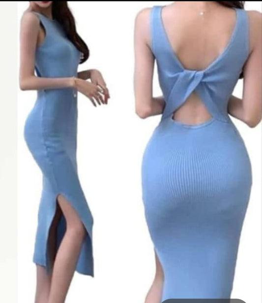 Sky Blue Bodycon Knitted Midi Dress